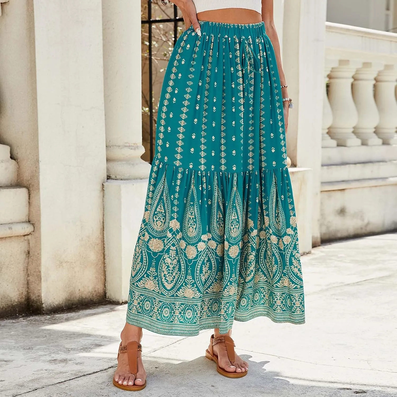 Maxi Skirts for Women Casual High Elastic Waist Bohemian Graphic Boha Floral Print Long Skirts 2025 Summer Vacation