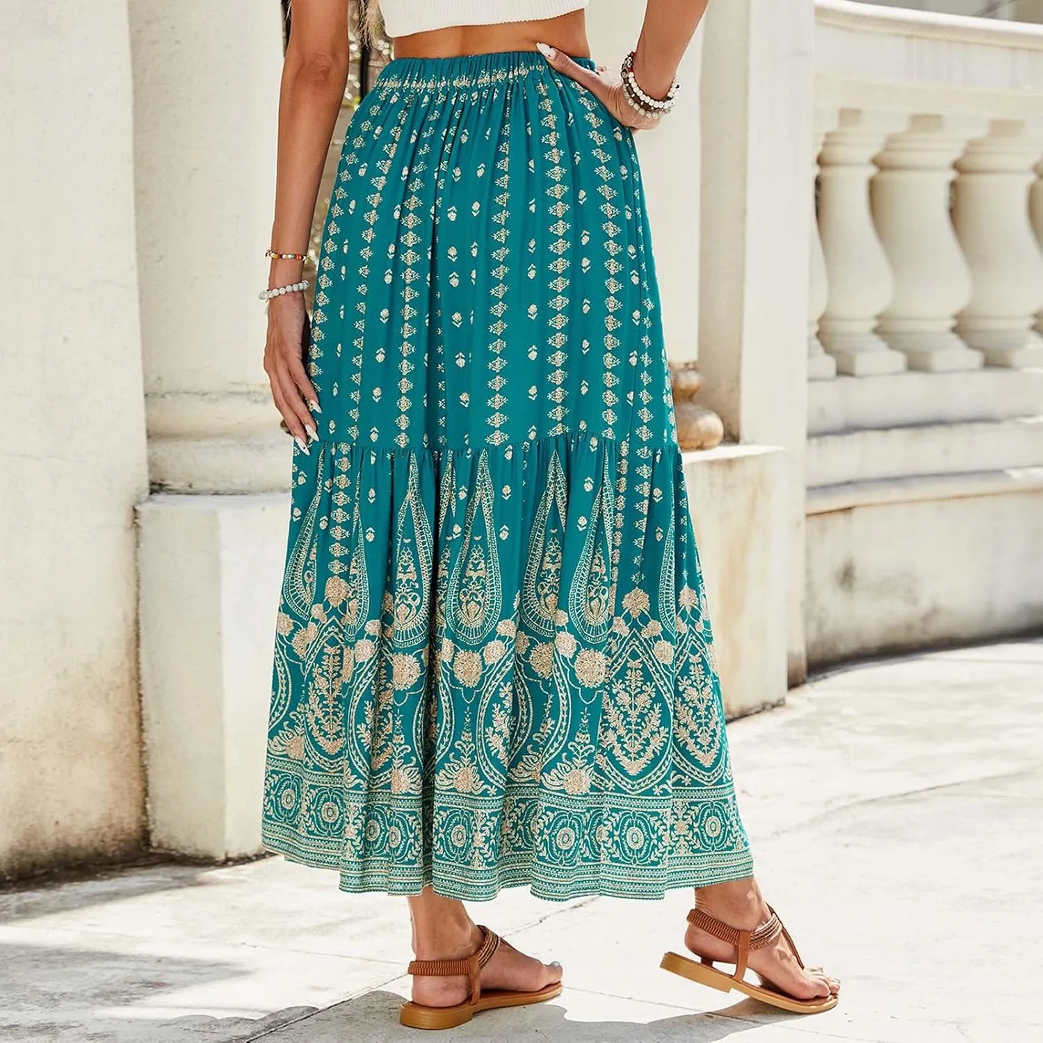 Maxi Skirts for Women Casual High Elastic Waist Bohemian Graphic Boha Floral Print Long Skirts 2025 Summer Vacation