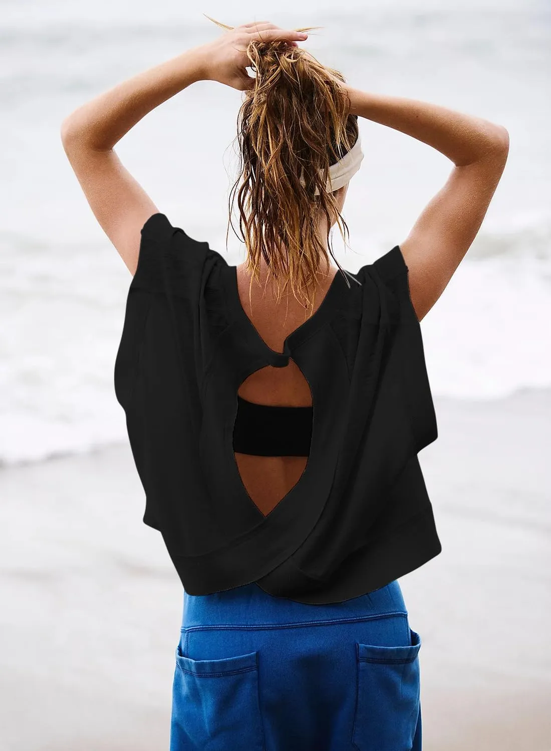 Open Back Tops for Women Oversized Short Sleeve Workout T Shirts Backless Y2k Athletic Crop Running Tees