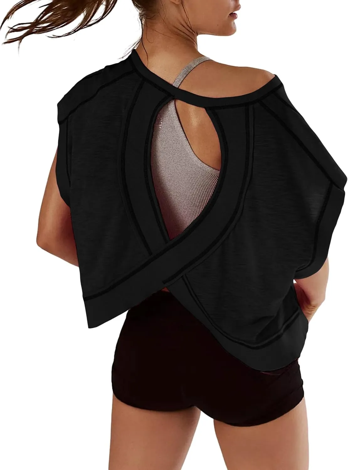 Open Back Tops for Women Oversized Short Sleeve Workout T Shirts Backless Y2k Athletic Crop Running Tees