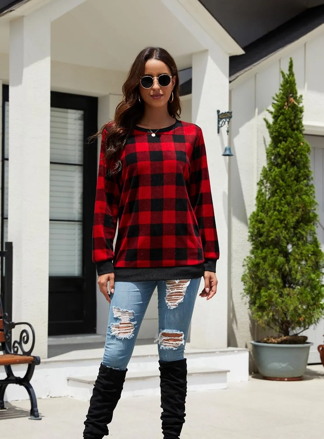 Plaid Sweaters for Womens Christmas Sweatshirt Casual Pullover Long Sleeve Fuzzy Chunky Warm Tunic Tops