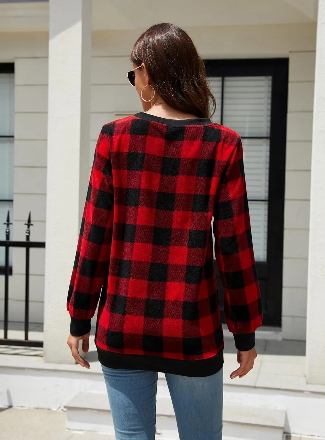 Plaid Sweaters for Womens Christmas Sweatshirt Casual Pullover Long Sleeve Fuzzy Chunky Warm Tunic Tops