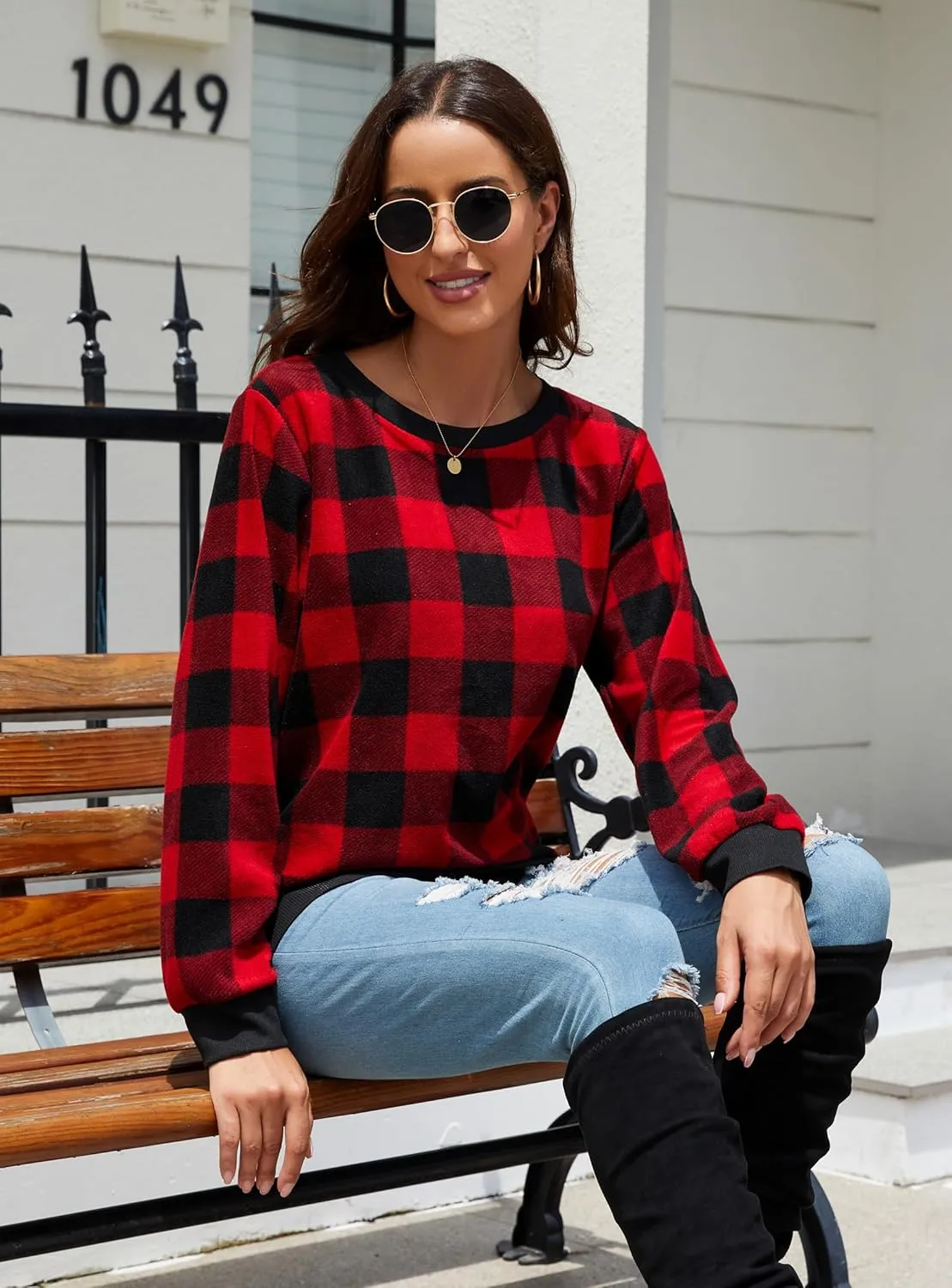 Plaid Sweaters for Womens Christmas Sweatshirt Casual Pullover Long Sleeve Fuzzy Chunky Warm Tunic Tops