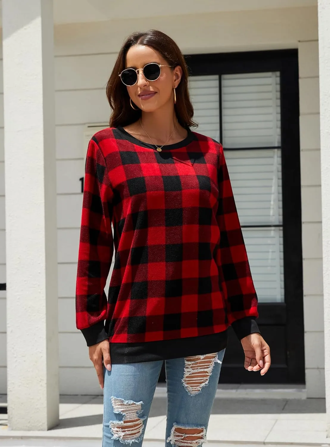 Plaid Sweaters for Womens Christmas Sweatshirt Casual Pullover Long Sleeve Fuzzy Chunky Warm Tunic Tops