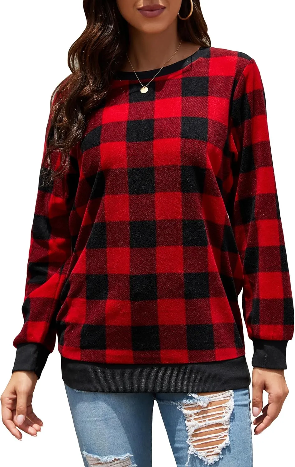 Plaid Sweaters for Womens Christmas Sweatshirt Casual Pullover Long Sleeve Fuzzy Chunky Warm Tunic Tops