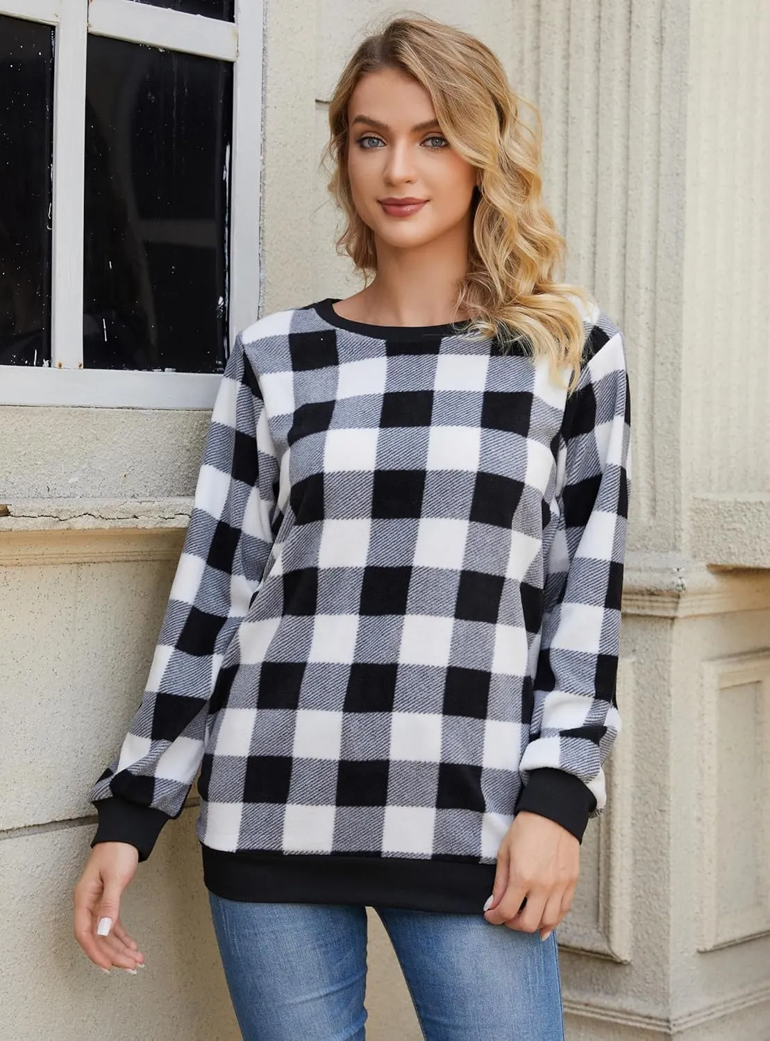 Plaid Sweaters for Womens Christmas Sweatshirt Casual Pullover Long Sleeve Fuzzy Chunky Warm Tunic Tops