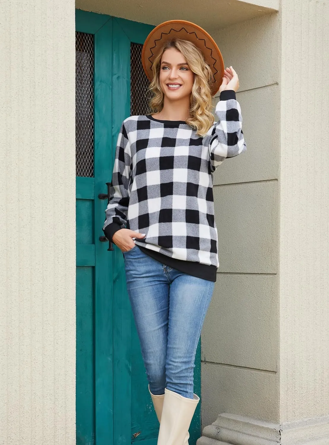Plaid Sweaters for Womens Christmas Sweatshirt Casual Pullover Long Sleeve Fuzzy Chunky Warm Tunic Tops