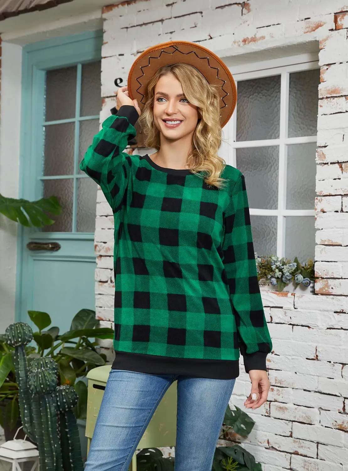 Plaid Sweaters for Womens Christmas Sweatshirt Casual Pullover Long Sleeve Fuzzy Chunky Warm Tunic Tops