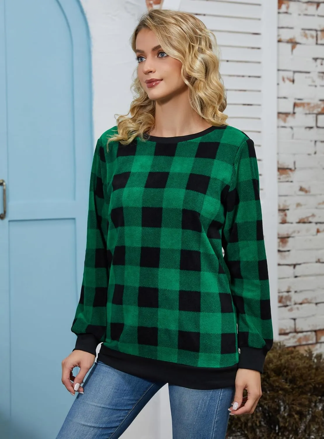 Plaid Sweaters for Womens Christmas Sweatshirt Casual Pullover Long Sleeve Fuzzy Chunky Warm Tunic Tops