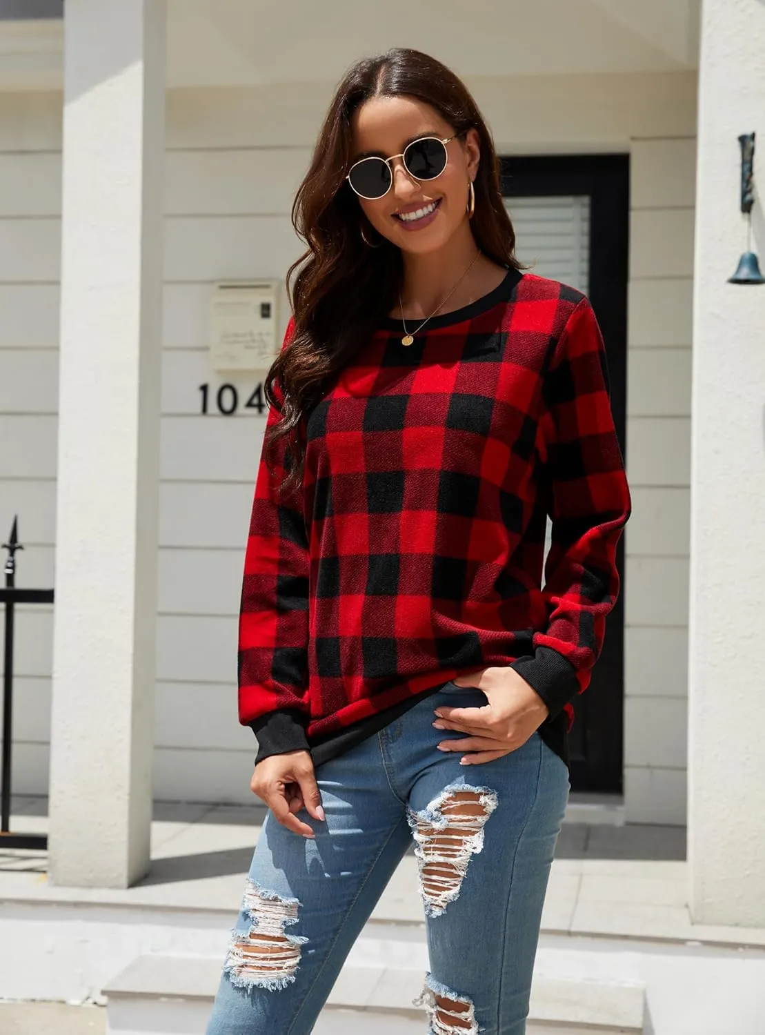 Plaid Sweaters for Womens Christmas Sweatshirt Casual Pullover Long Sleeve Fuzzy Chunky Warm Tunic Tops