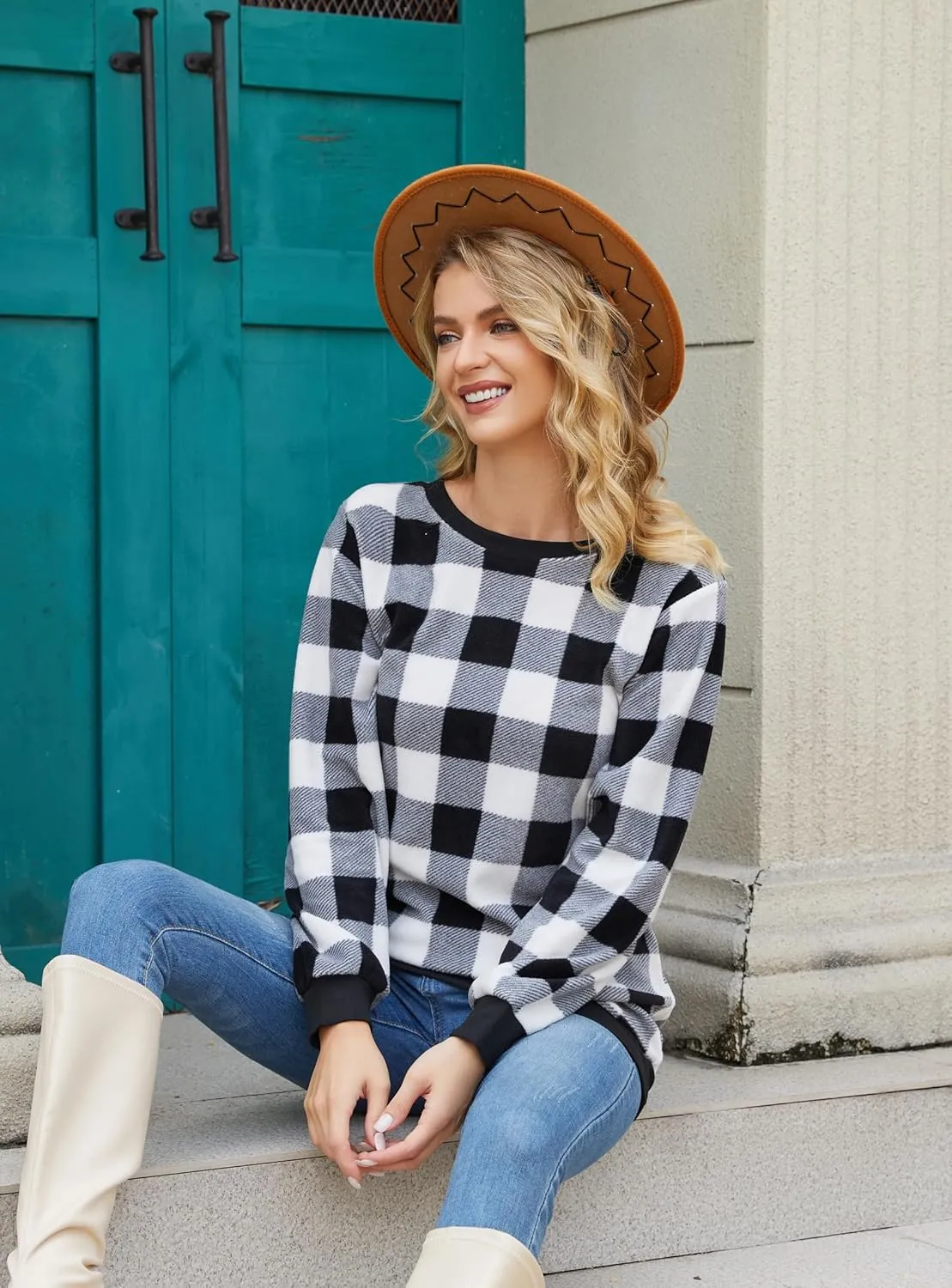 Plaid Sweaters for Womens Christmas Sweatshirt Casual Pullover Long Sleeve Fuzzy Chunky Warm Tunic Tops