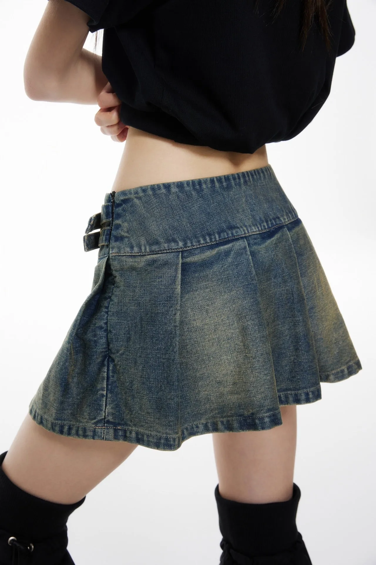 Pleated Denim Strap Skirt