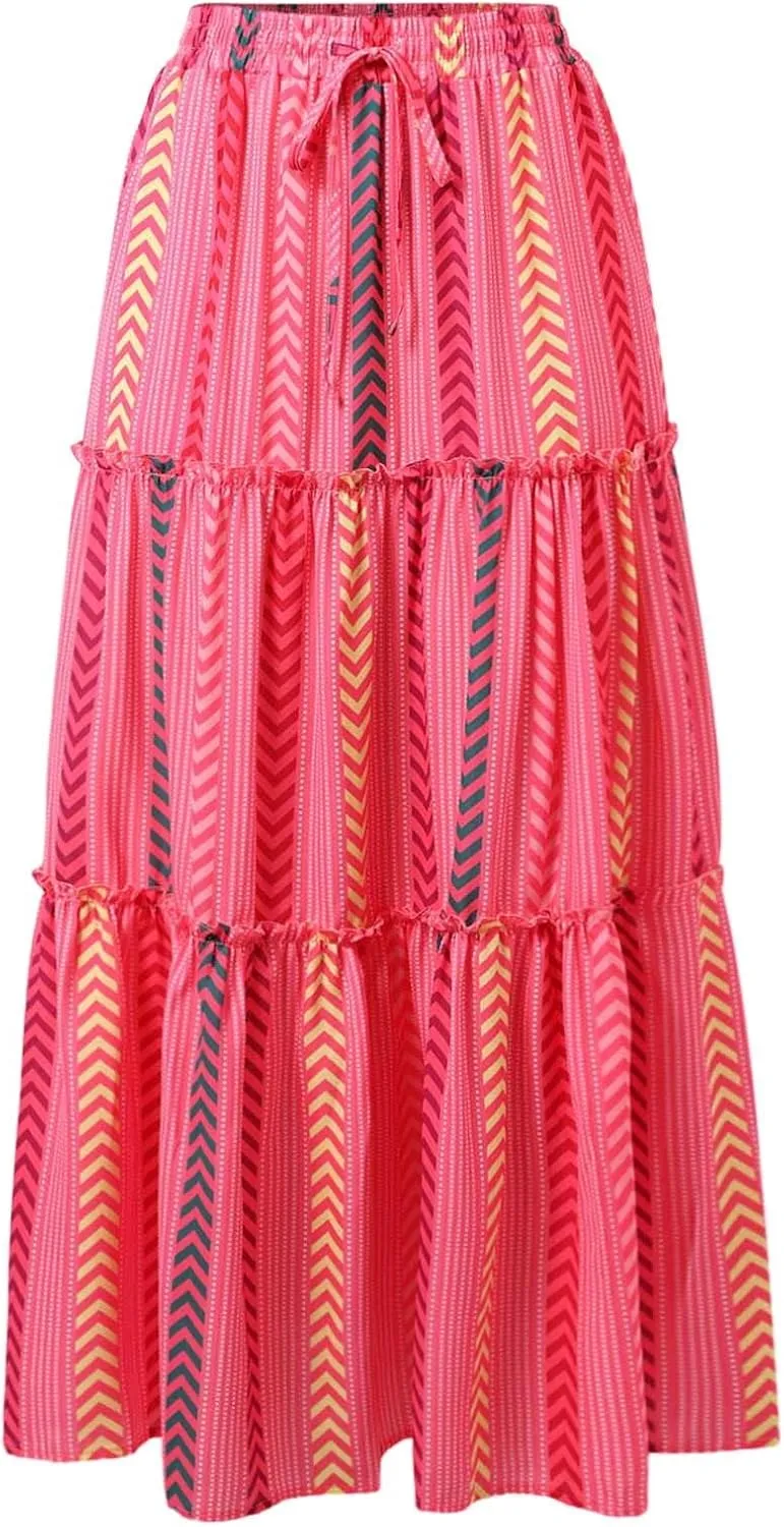 Skirts for Women Trendy Bohemian Summer High Elastic Waist Beach Floral Print A-Line Boha Skirts Vocation Streetwear