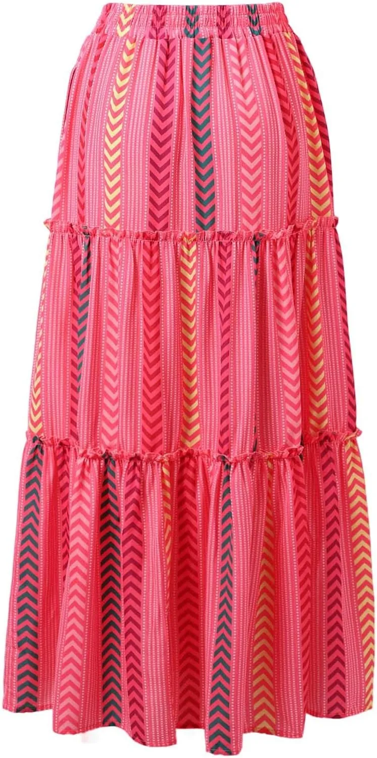 Skirts for Women Trendy Bohemian Summer High Elastic Waist Beach Floral Print A-Line Boha Skirts Vocation Streetwear