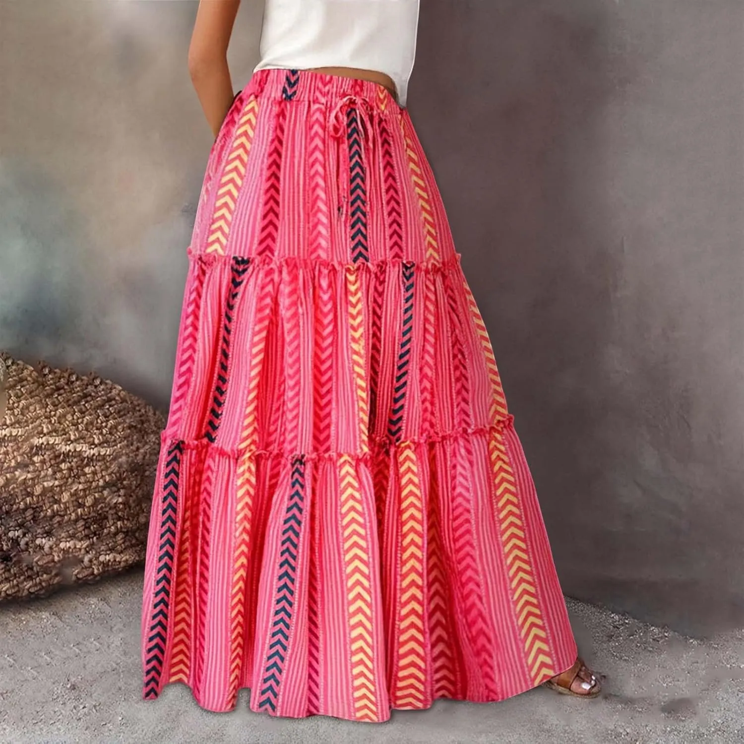Skirts for Women Trendy Bohemian Summer High Elastic Waist Beach Floral Print A-Line Boha Skirts Vocation Streetwear