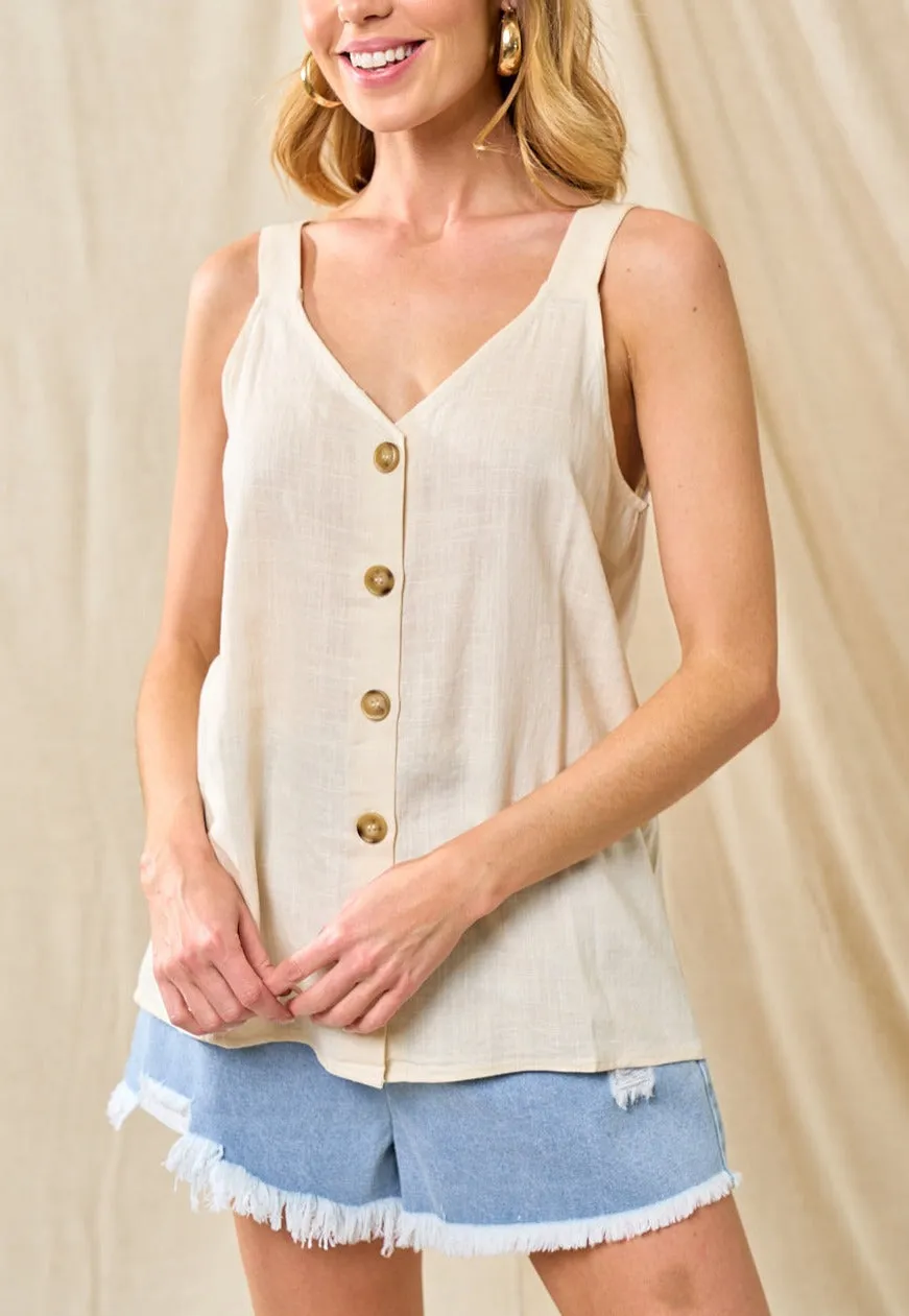 Soft Cream Linen Button Up Sleeveless Shirt