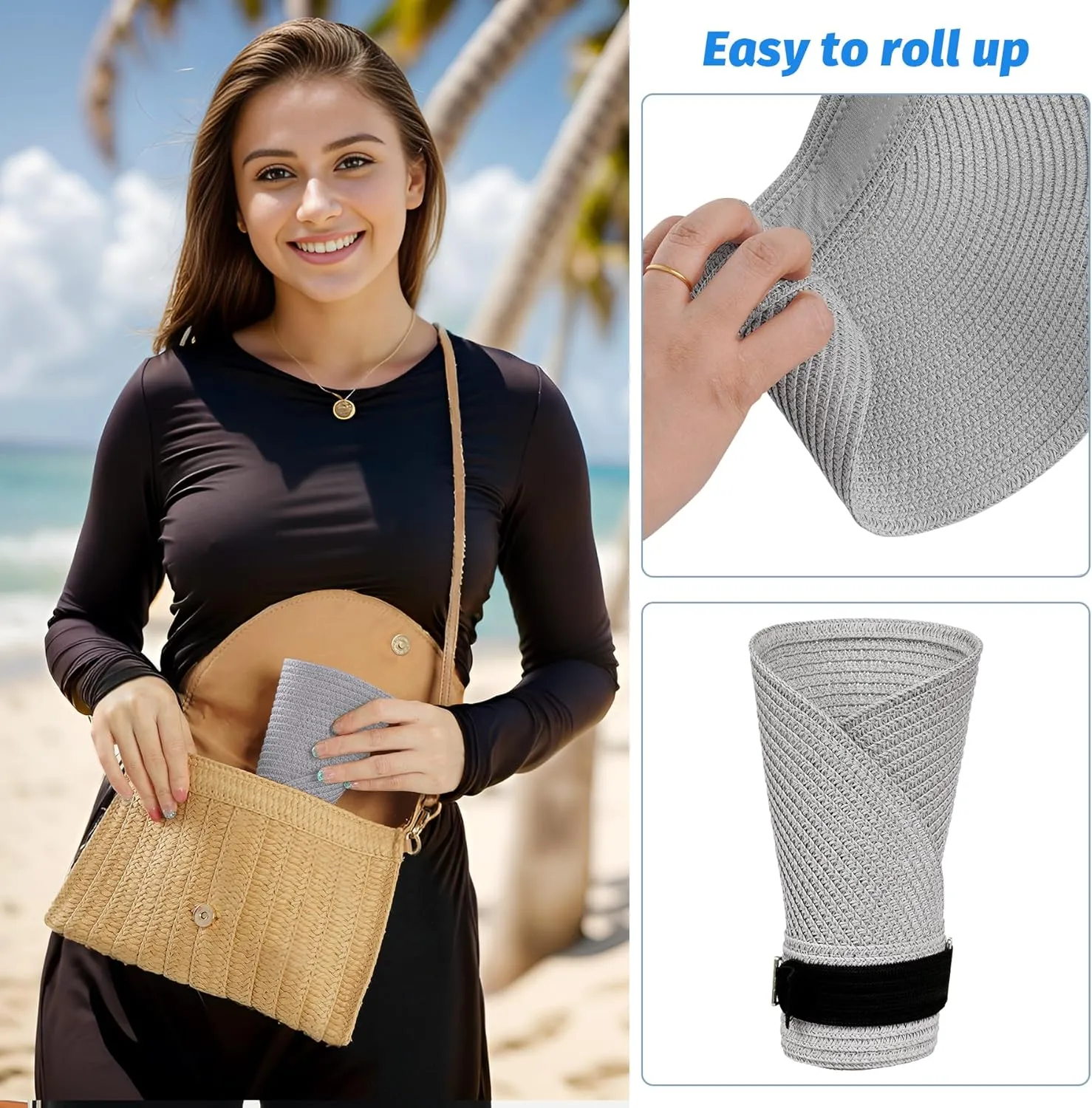 Straw Sun Visors Womens, Ponytail Beach Straw Visor, Packable Summer Sun Hats for Women Travel