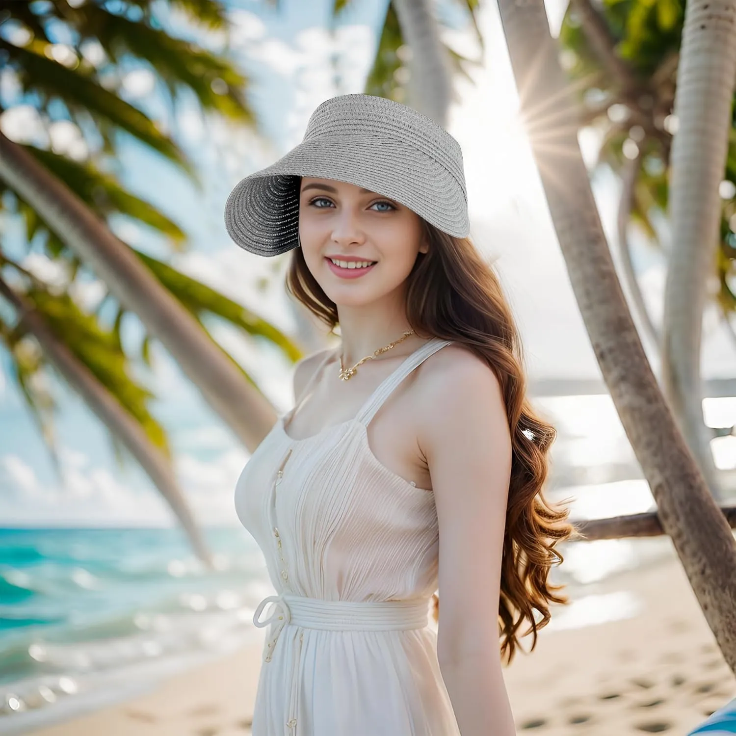 Straw Sun Visors Womens, Ponytail Beach Straw Visor, Packable Summer Sun Hats for Women Travel