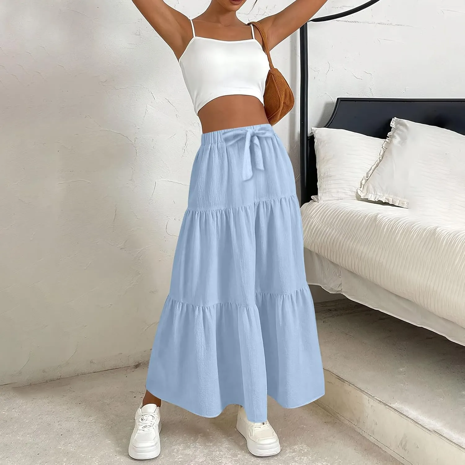Summer Skirt for Women 2025 Maxi Skirt Drawstring Elastic High Waisted Smocked Tiered Aline Skirts Flowy Long Skirts