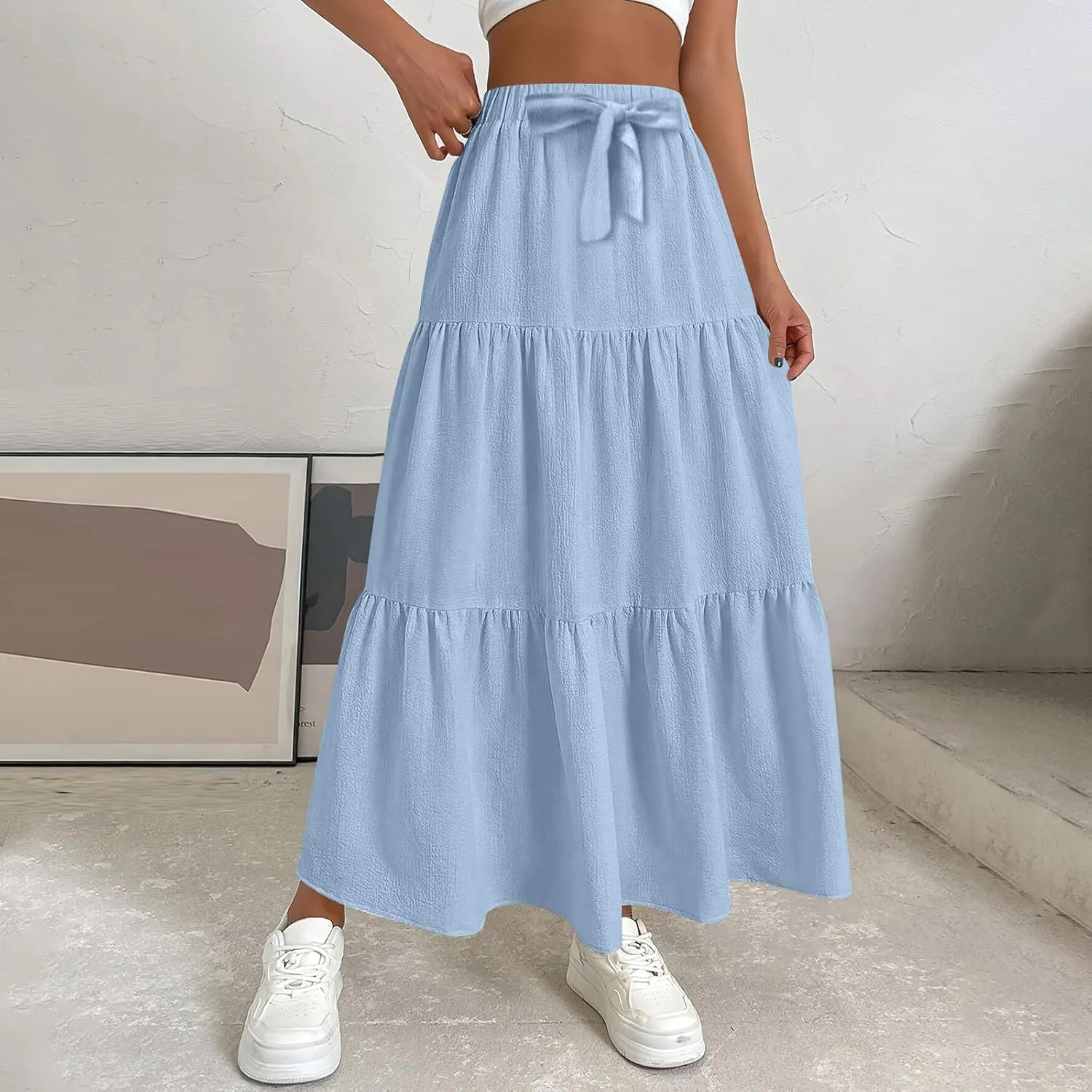 Summer Skirt for Women 2025 Maxi Skirt Drawstring Elastic High Waisted Smocked Tiered Aline Skirts Flowy Long Skirts