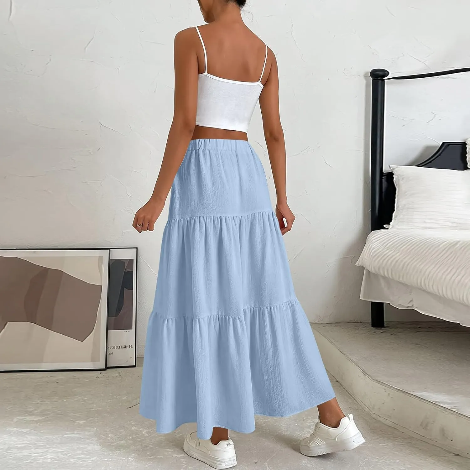 Summer Skirt for Women 2025 Maxi Skirt Drawstring Elastic High Waisted Smocked Tiered Aline Skirts Flowy Long Skirts