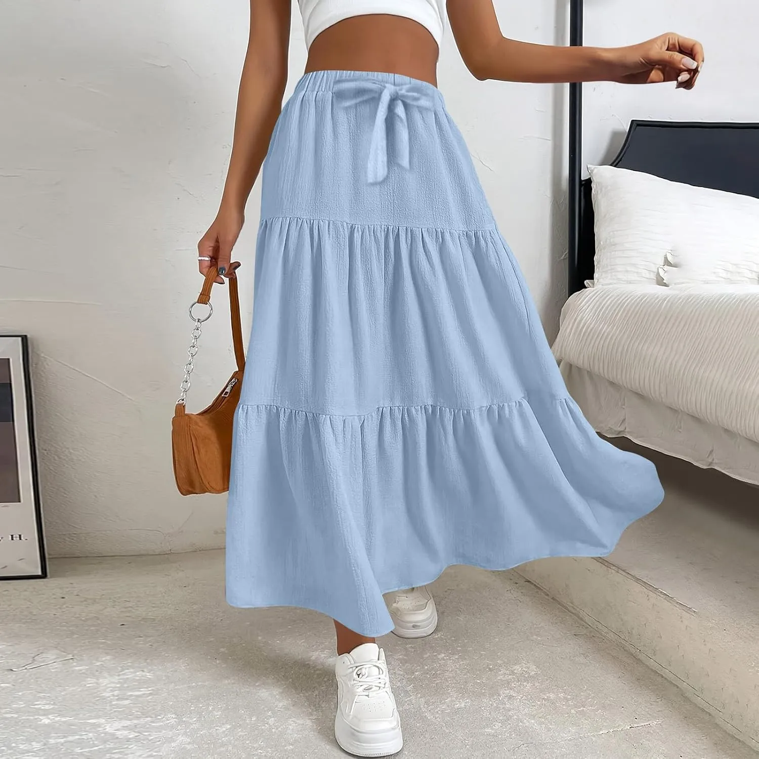 Summer Skirt for Women 2025 Maxi Skirt Drawstring Elastic High Waisted Smocked Tiered Aline Skirts Flowy Long Skirts
