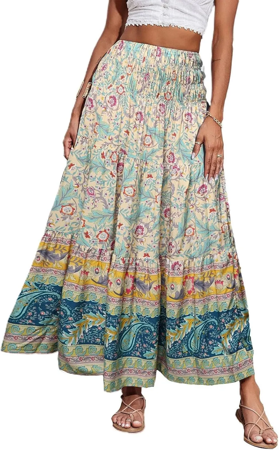 Summer Skirts for Women 2025 Loose Trendy Floral Print Elastic Waist Lightweight Boho Flowy Maxi Skirt, S-2XL