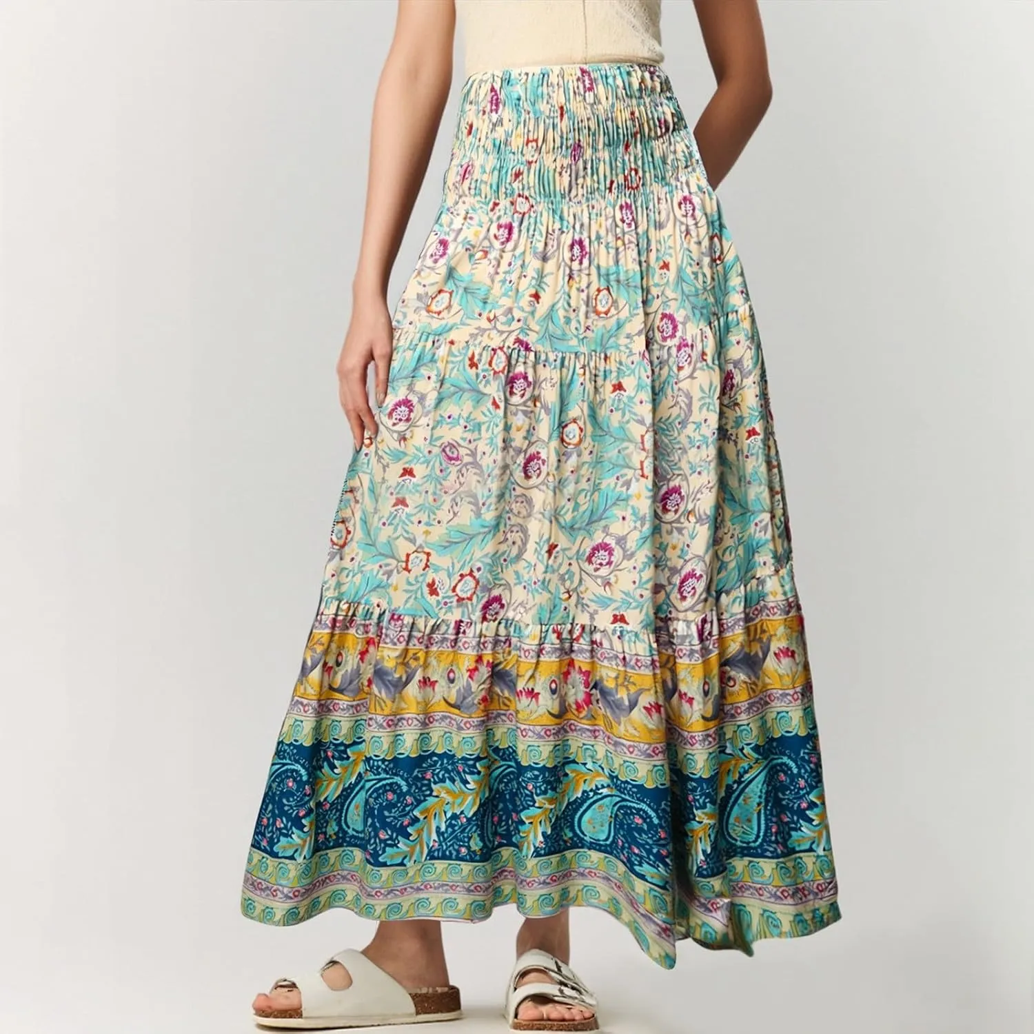 Summer Skirts for Women 2025 Loose Trendy Floral Print Elastic Waist Lightweight Boho Flowy Maxi Skirt, S-2XL