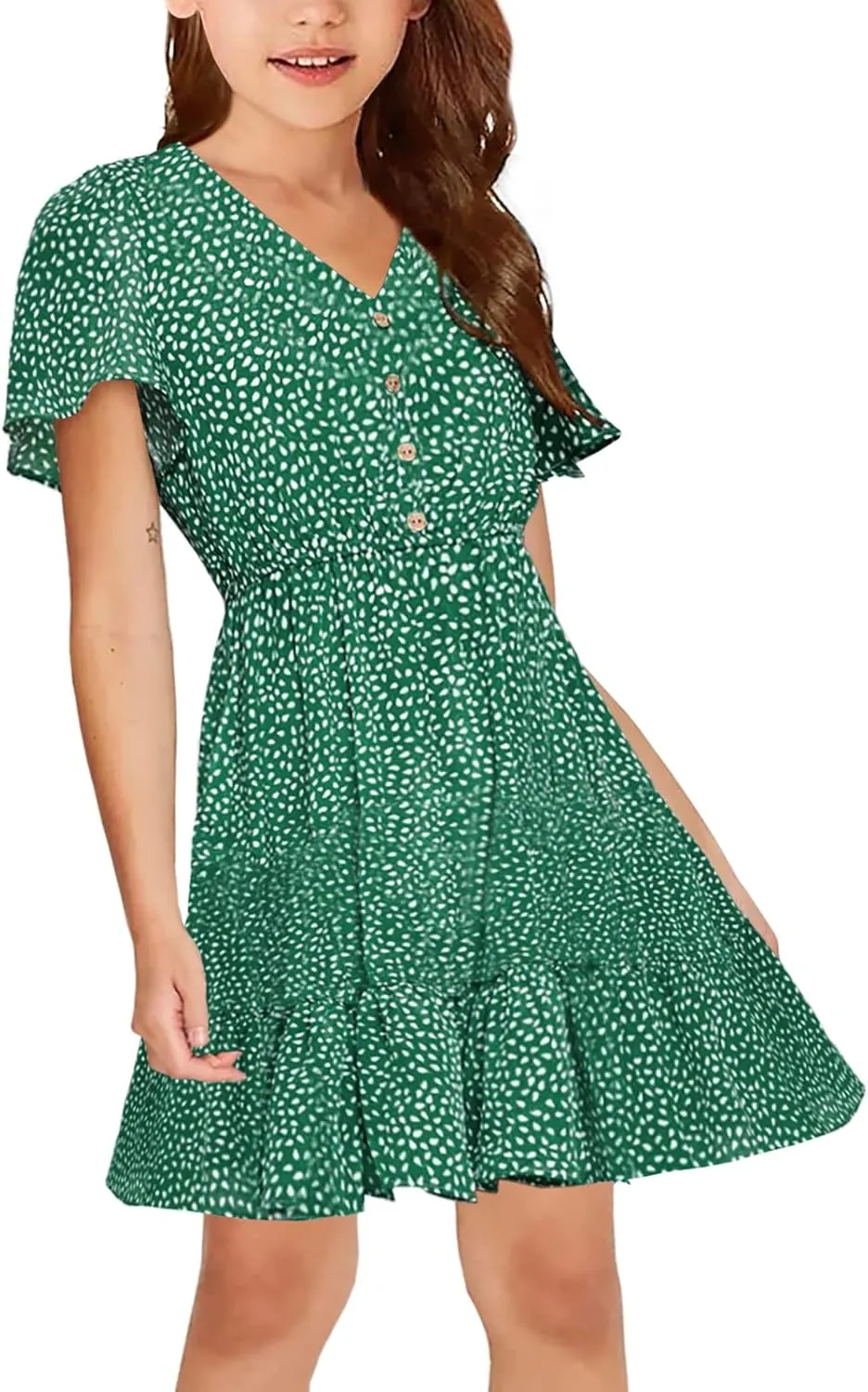 UMEKO Girls Polka Dot Print Midi Dress Button Down V Neck Short Sleeve Ruffle Casual Dresses