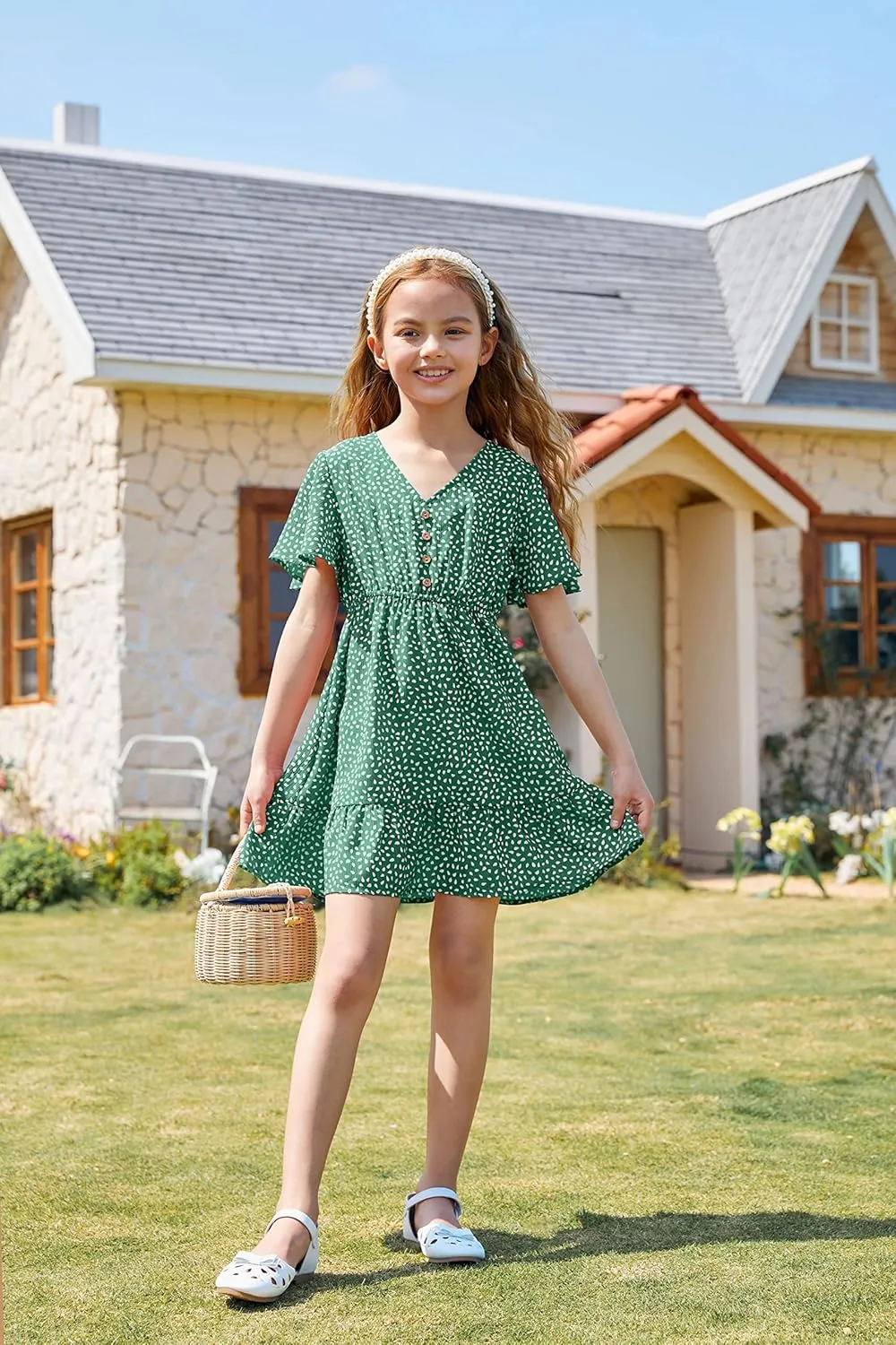 UMEKO Girls Polka Dot Print Midi Dress Button Down V Neck Short Sleeve Ruffle Casual Dresses