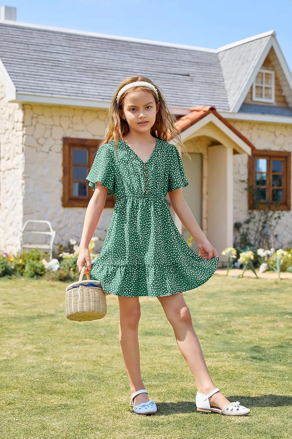 UMEKO Girls Polka Dot Print Midi Dress Button Down V Neck Short Sleeve Ruffle Casual Dresses
