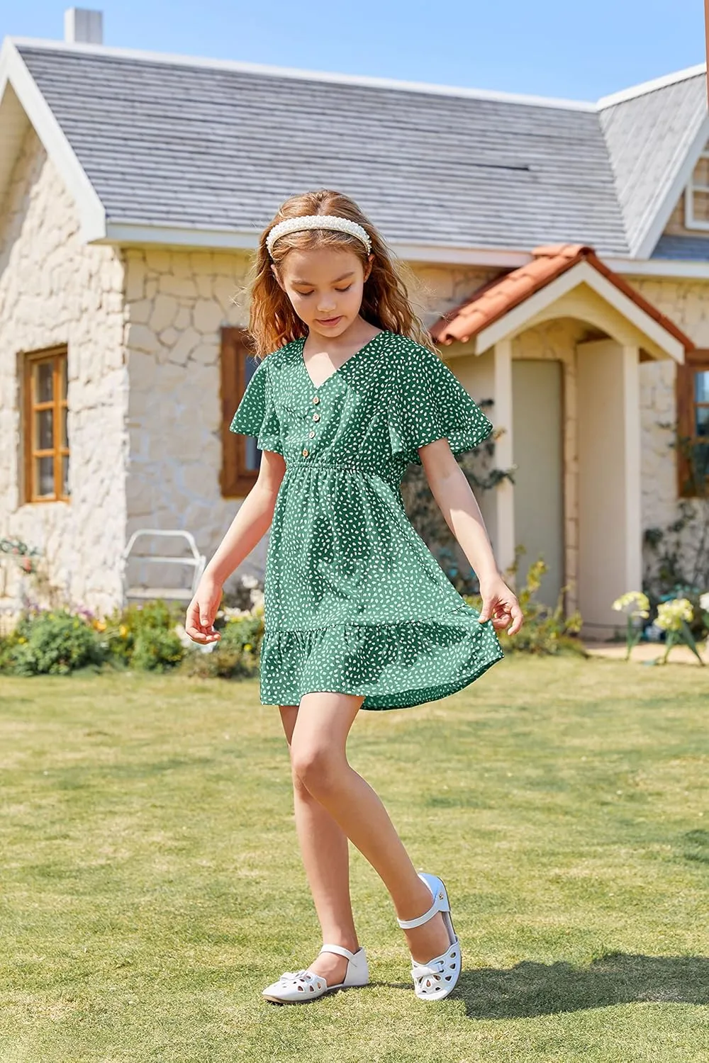 UMEKO Girls Polka Dot Print Midi Dress Button Down V Neck Short Sleeve Ruffle Casual Dresses