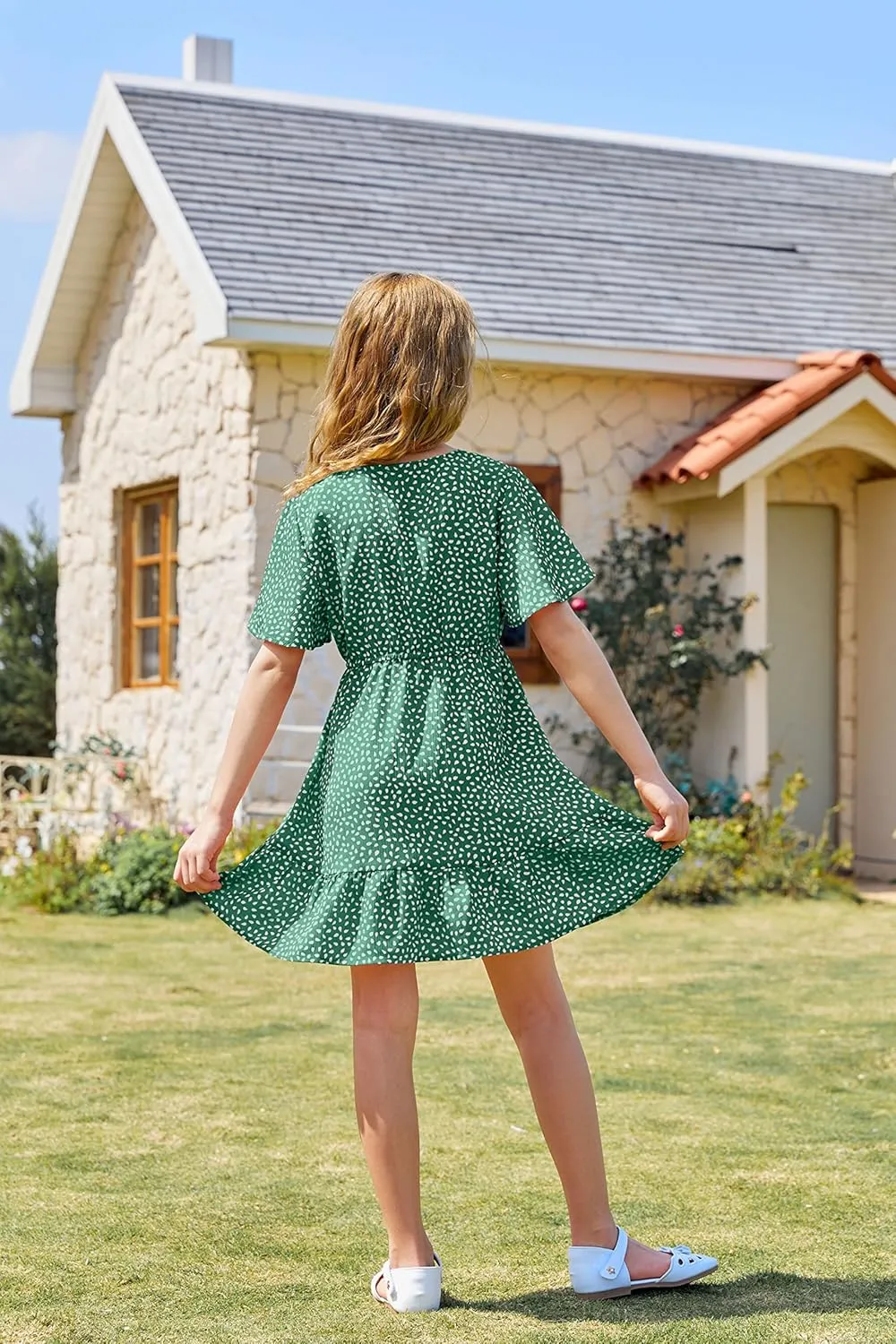 UMEKO Girls Polka Dot Print Midi Dress Button Down V Neck Short Sleeve Ruffle Casual Dresses