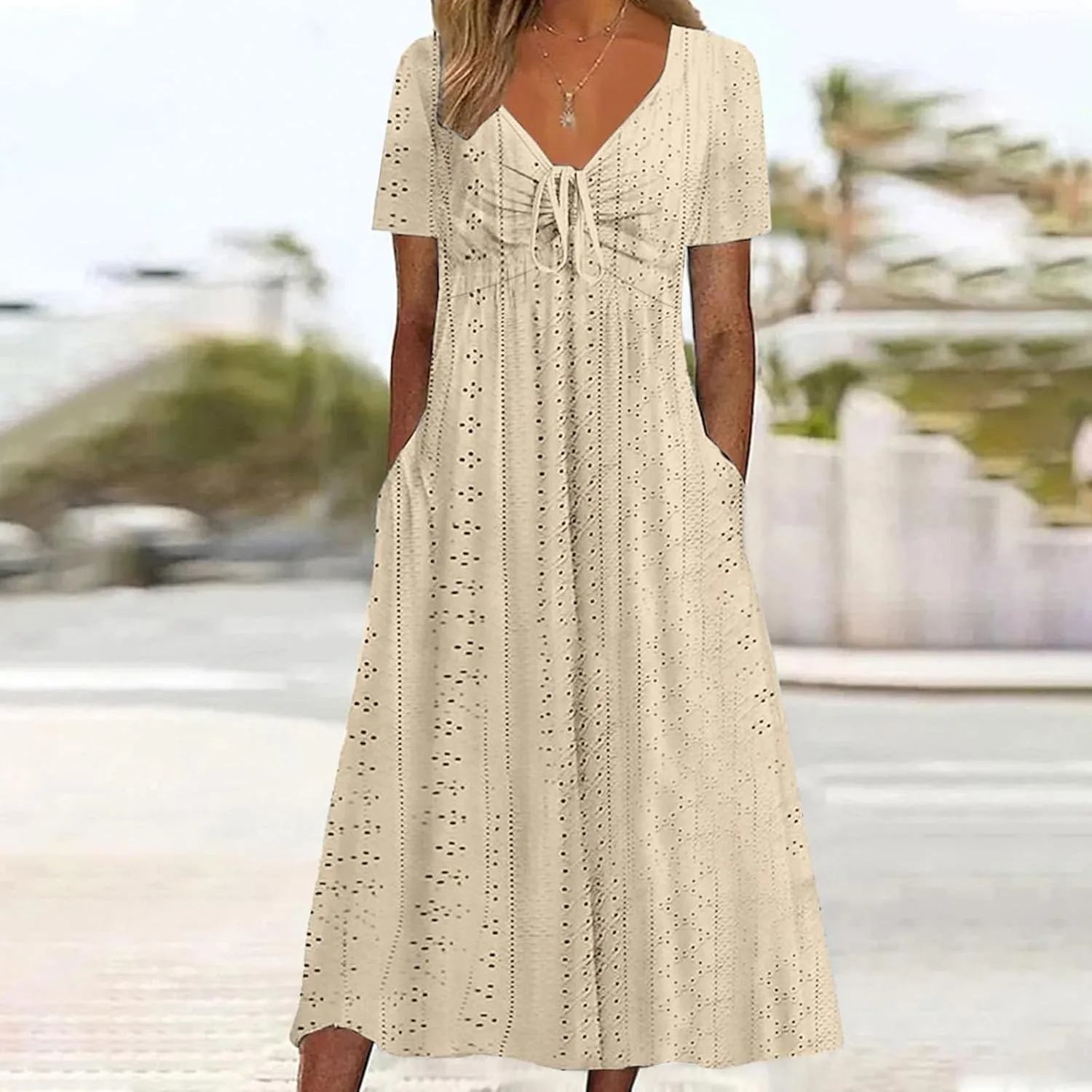 V Neck Midi Dress for Women Summer Long Dresses with Pockets T Shirt Loose Casual Dress Everyday Trendy Dresses