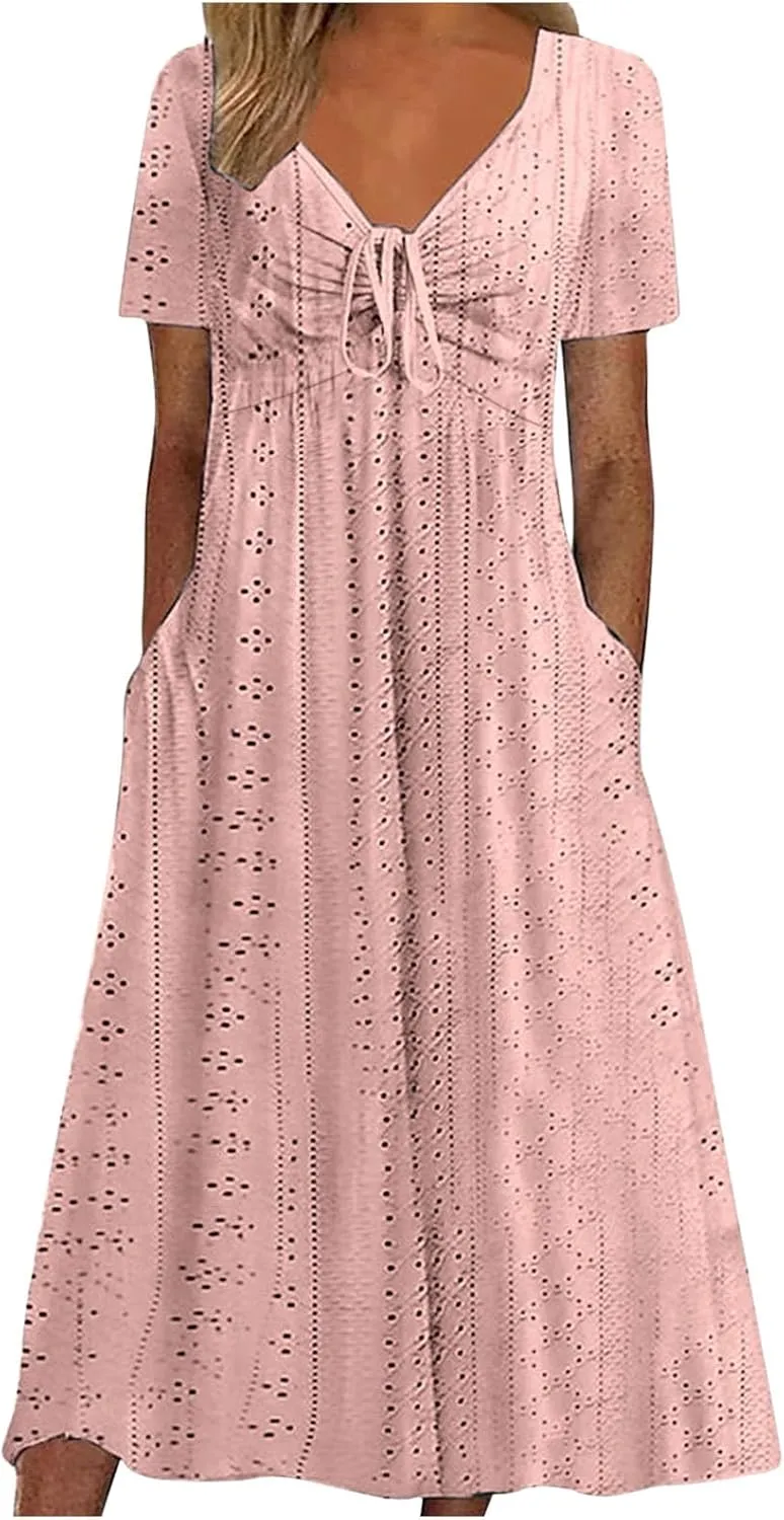 V Neck Midi Dress for Women Summer Long Dresses with Pockets T Shirt Loose Casual Dress Everyday Trendy Dresses