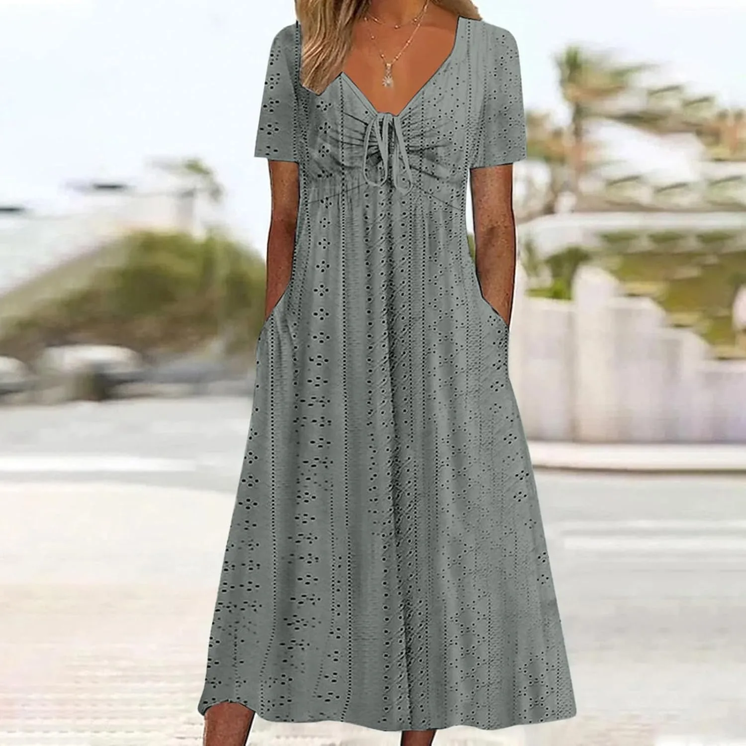 V Neck Midi Dress for Women Summer Long Dresses with Pockets T Shirt Loose Casual Dress Everyday Trendy Dresses
