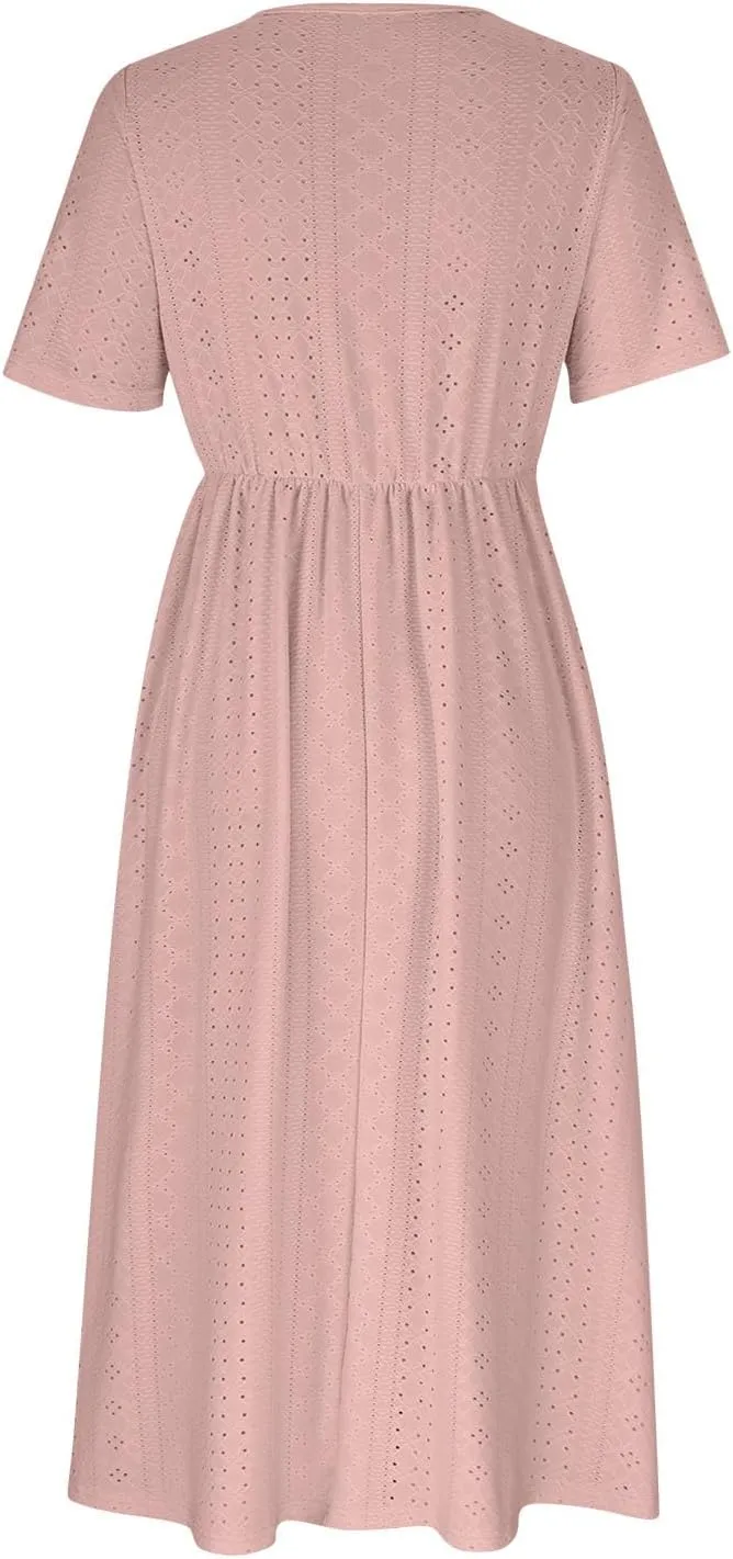 V Neck Midi Dress for Women Summer Long Dresses with Pockets T Shirt Loose Casual Dress Everyday Trendy Dresses