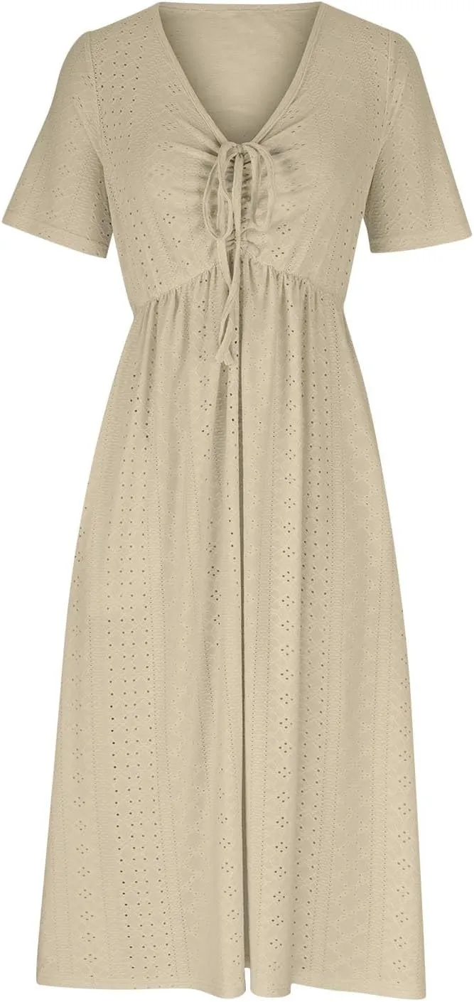 V Neck Midi Dress for Women Summer Long Dresses with Pockets T Shirt Loose Casual Dress Everyday Trendy Dresses