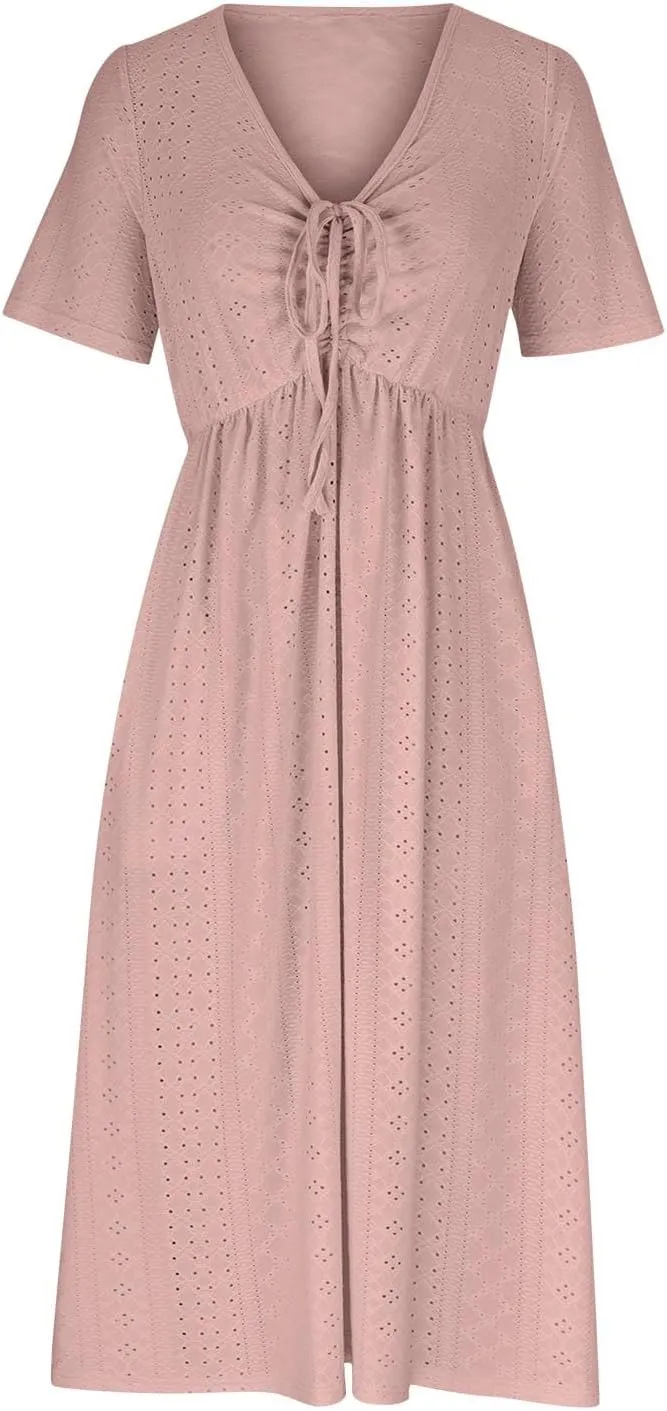 V Neck Midi Dress for Women Summer Long Dresses with Pockets T Shirt Loose Casual Dress Everyday Trendy Dresses