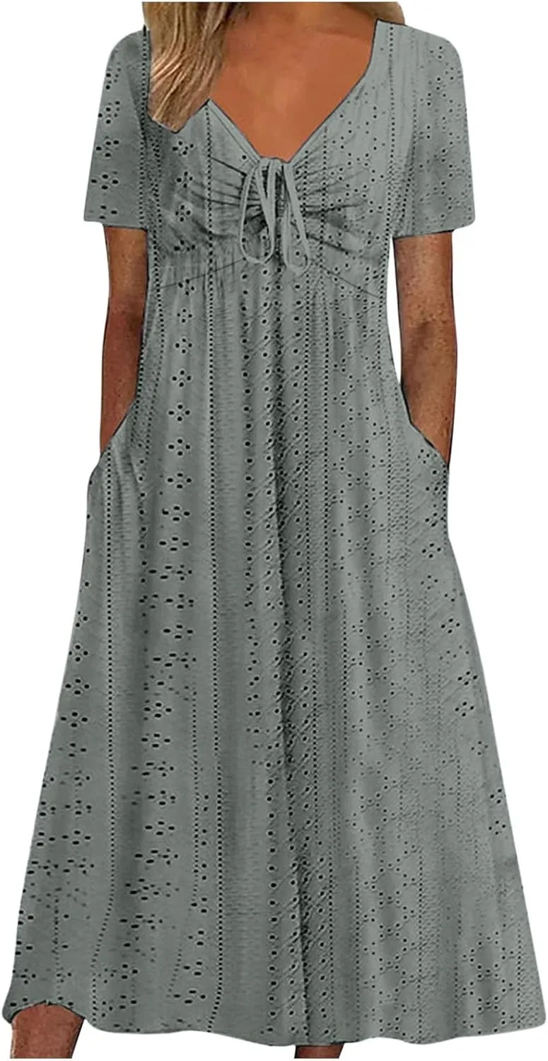 V Neck Midi Dress for Women Summer Long Dresses with Pockets T Shirt Loose Casual Dress Everyday Trendy Dresses
