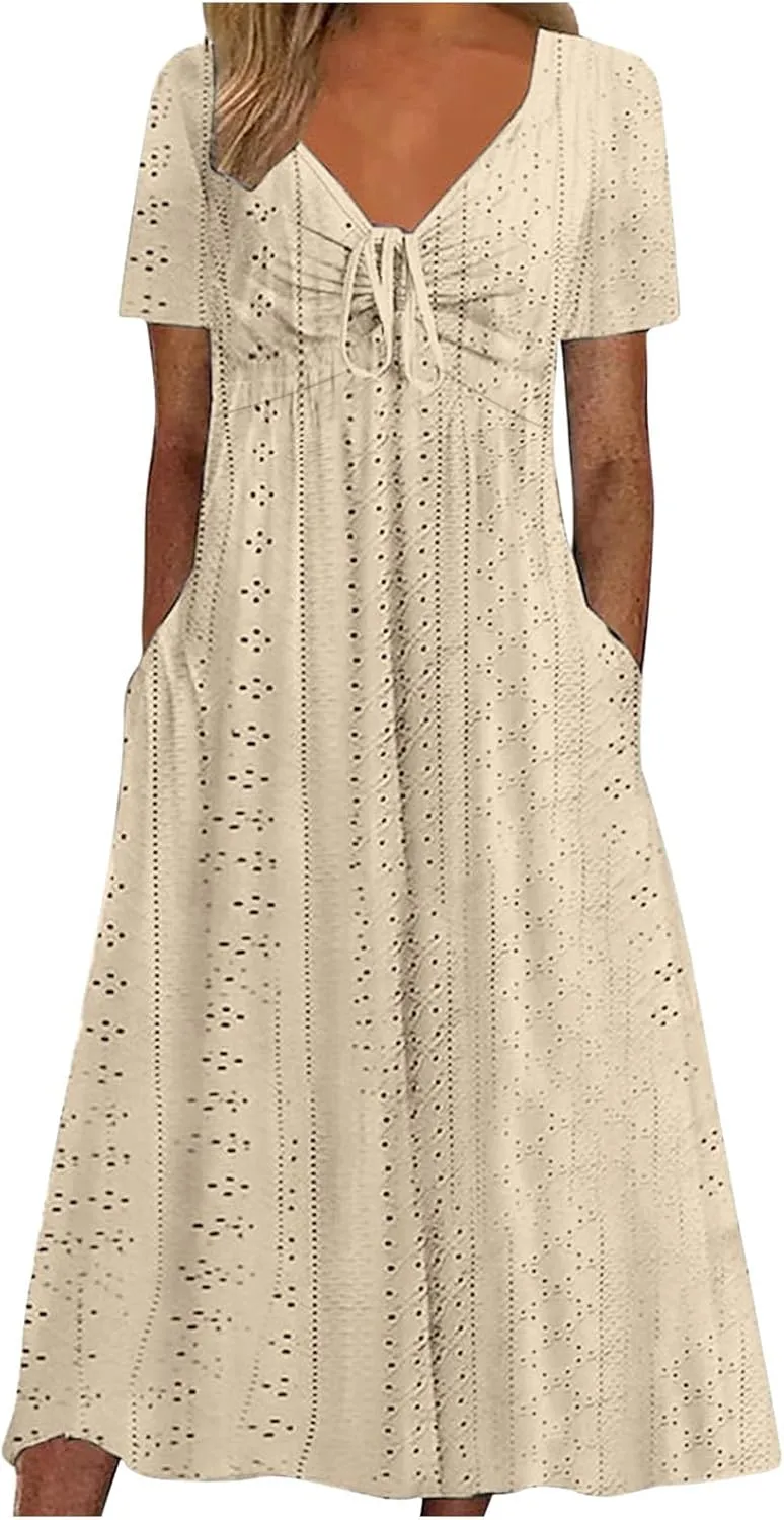 V Neck Midi Dress for Women Summer Long Dresses with Pockets T Shirt Loose Casual Dress Everyday Trendy Dresses