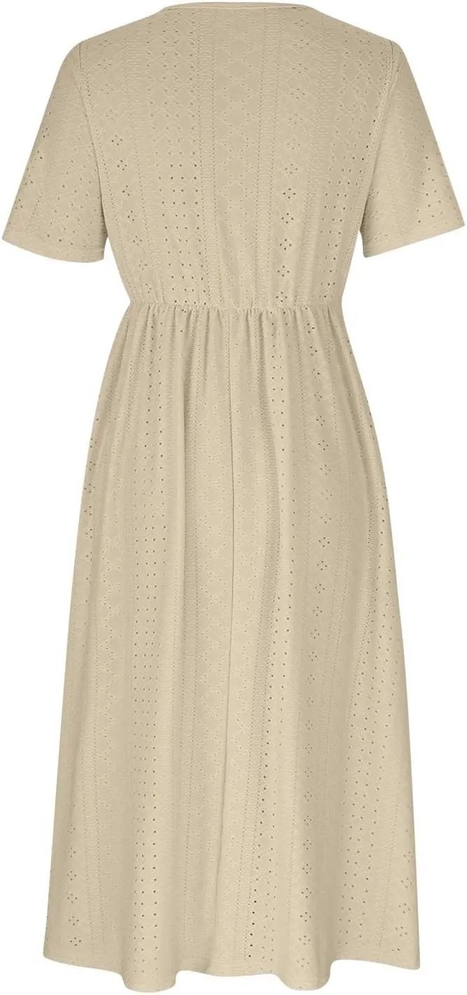 V Neck Midi Dress for Women Summer Long Dresses with Pockets T Shirt Loose Casual Dress Everyday Trendy Dresses