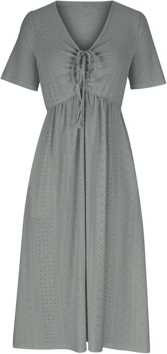 V Neck Midi Dress for Women Summer Long Dresses with Pockets T Shirt Loose Casual Dress Everyday Trendy Dresses
