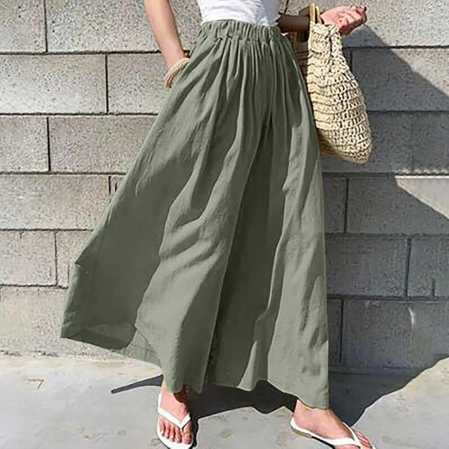 Wide Leg Linen Pants for Women Summer Elastic Waist Palazzo Trousers Pant Casual Flowy Beach Trousers with Pockets