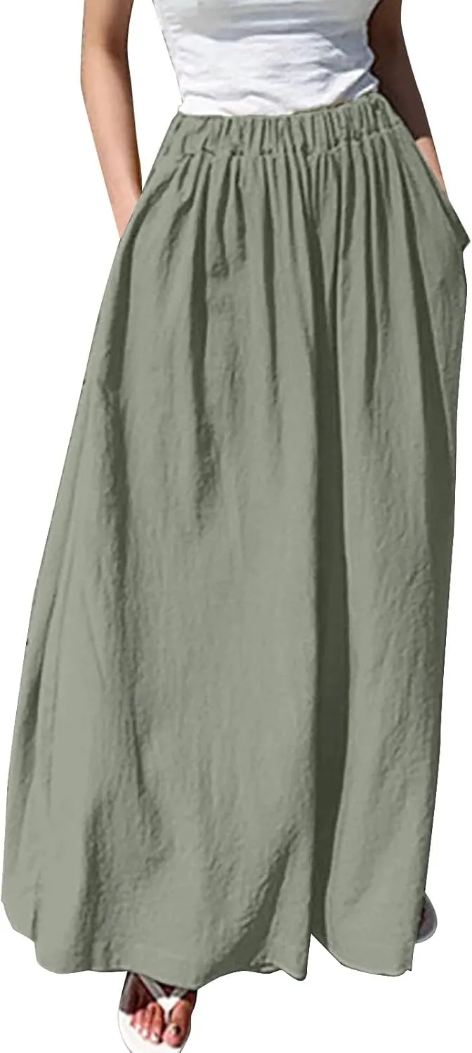 Wide Leg Linen Pants for Women Summer Elastic Waist Palazzo Trousers Pant Casual Flowy Beach Trousers with Pockets
