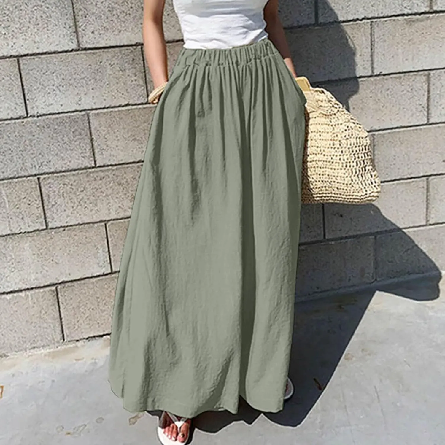 Wide Leg Linen Pants for Women Summer Elastic Waist Palazzo Trousers Pant Casual Flowy Beach Trousers with Pockets