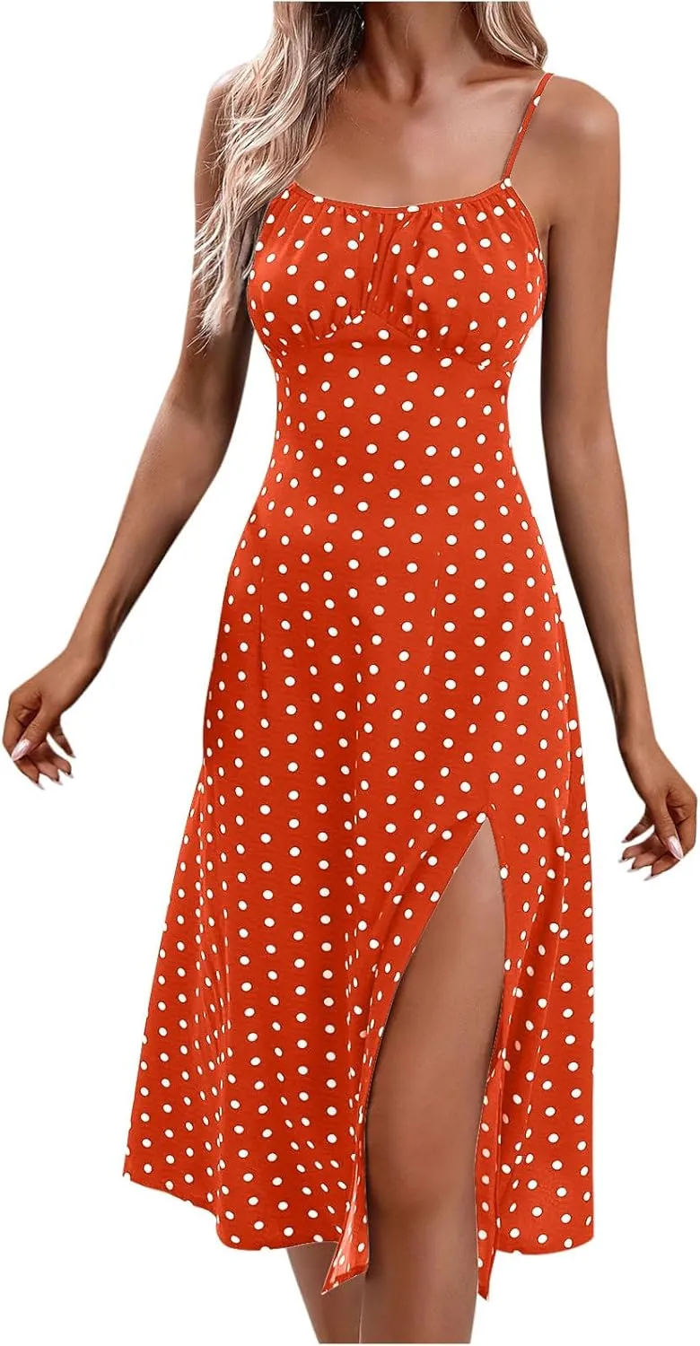 Women Casual Summer Boho Sleeveless Dresses Polka Dot Spaghetti Strap Midi Dress Trendy Split Sundress Travel Wear
