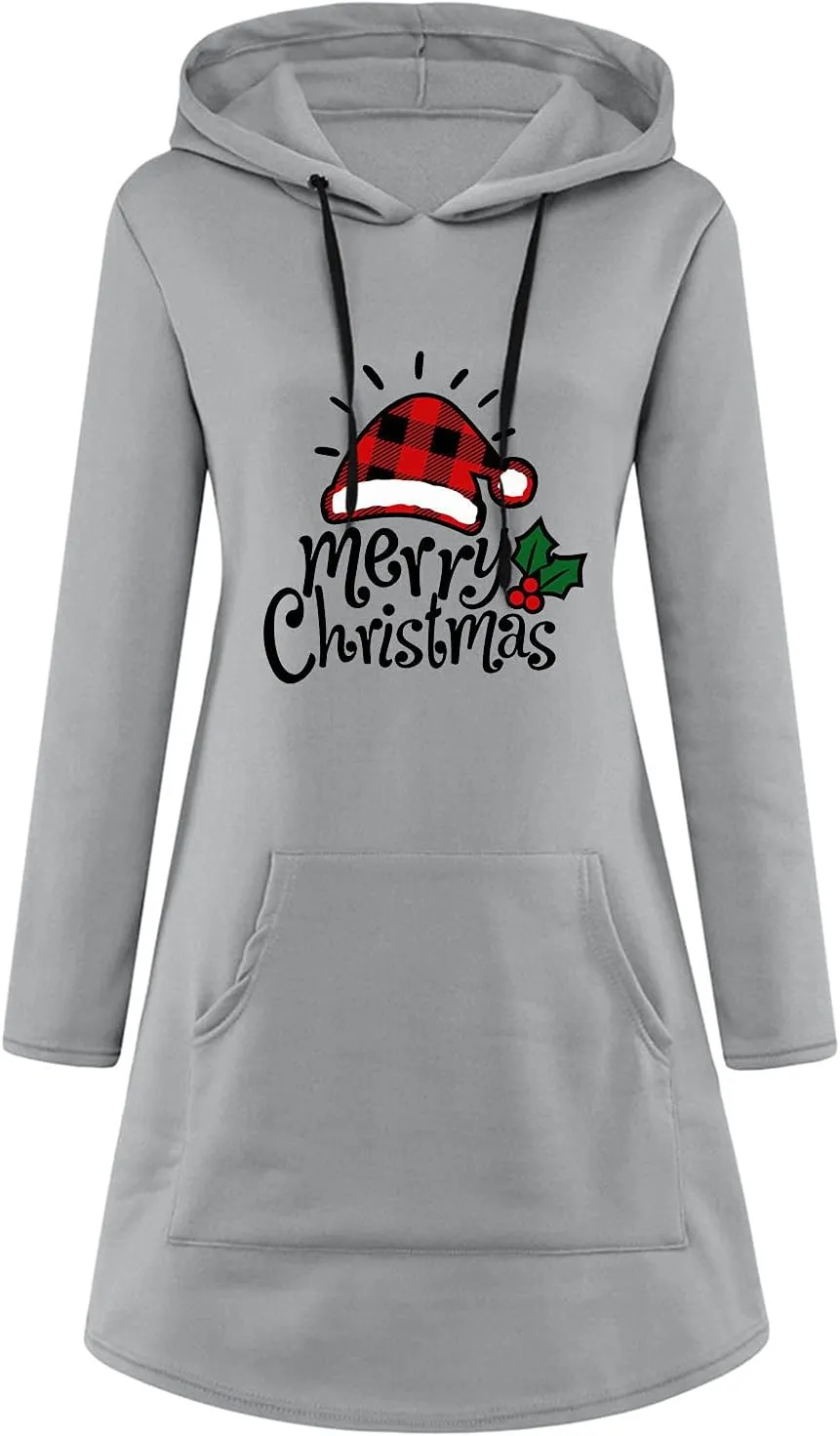 Women Drawstring Hoodie Dress Christmas Print Casual Long Sleeve Loose Lightweight Hooded Sweatshirts Jumper Dress