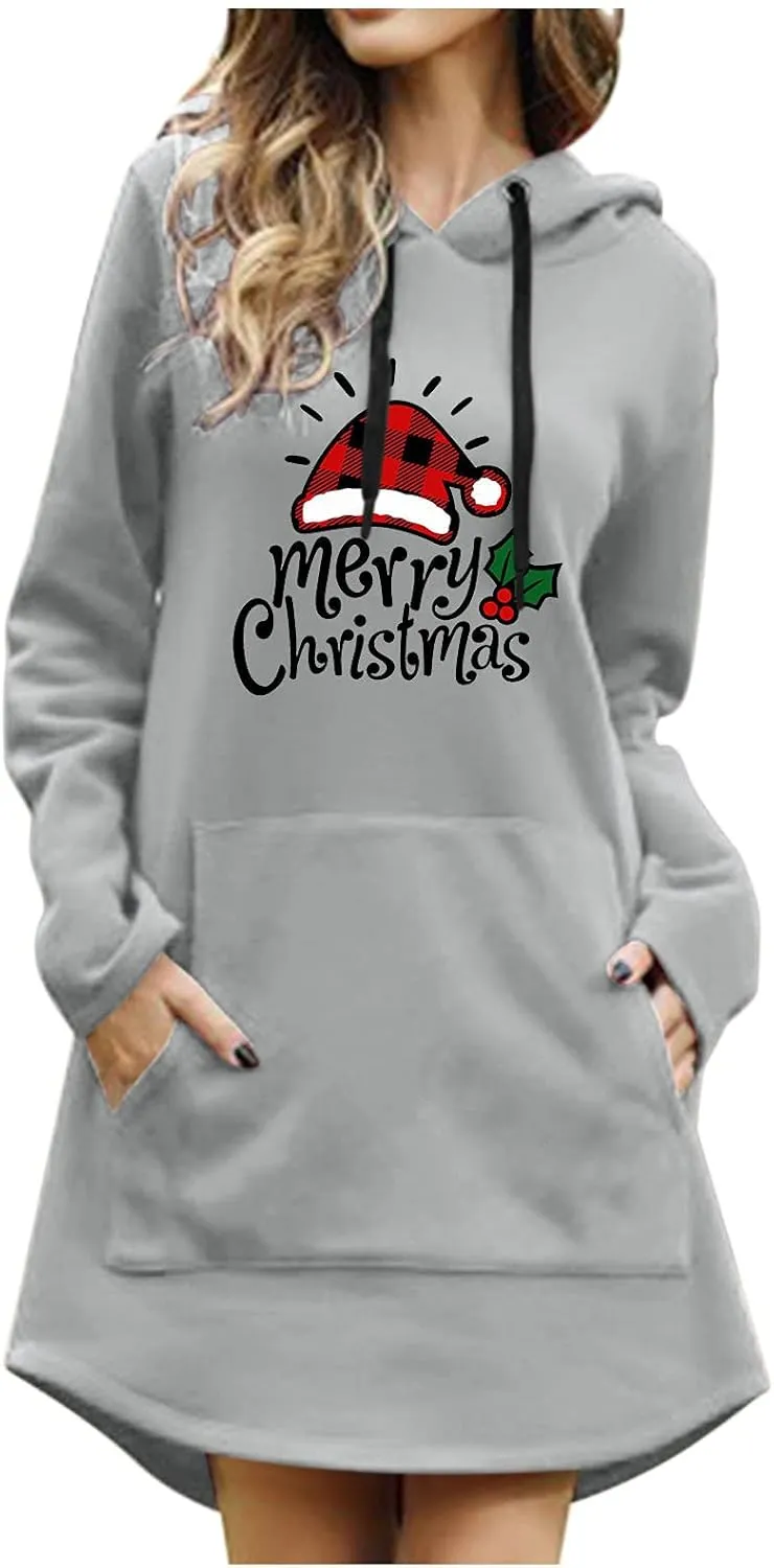 Women Drawstring Hoodie Dress Christmas Print Casual Long Sleeve Loose Lightweight Hooded Sweatshirts Jumper Dress