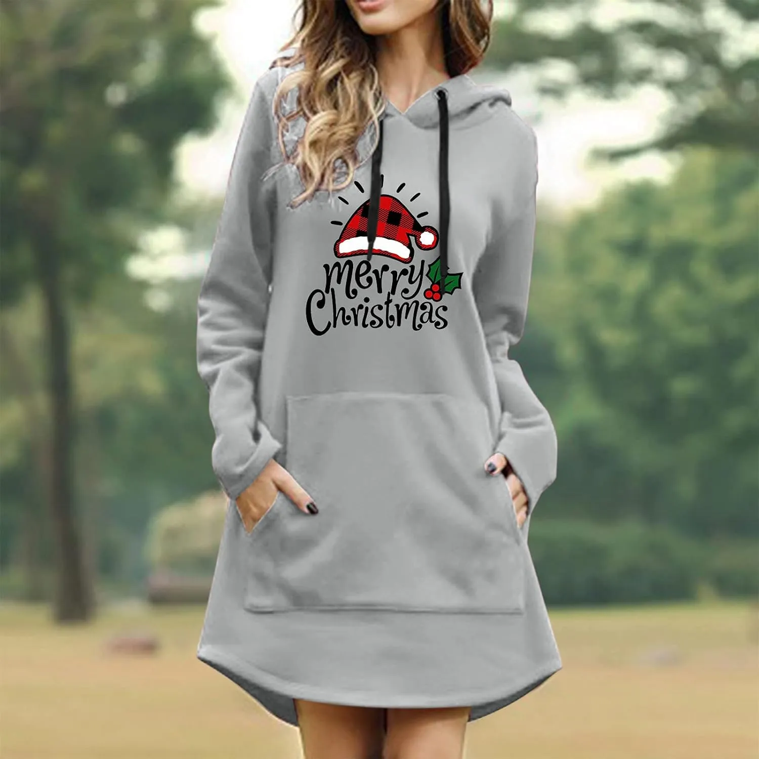 Women Drawstring Hoodie Dress Christmas Print Casual Long Sleeve Loose Lightweight Hooded Sweatshirts Jumper Dress